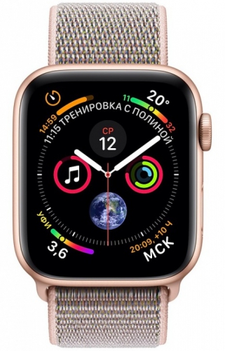 Apple Watch Series 4, 44 мм, корпус из алюминия золотого цвета, спортивный браслет цвета «розовый песок» (MU6G2) MU6G2