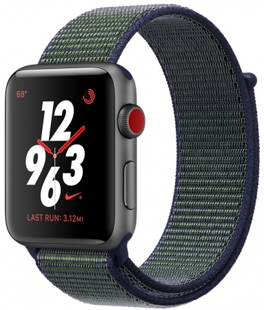 Apple Watch Series 3 Nike+ Cellular 38мм, корпус из алюминия цвета «серый космос», cпортивный браслет Nike цвета «полночный туман» (MQLA2)