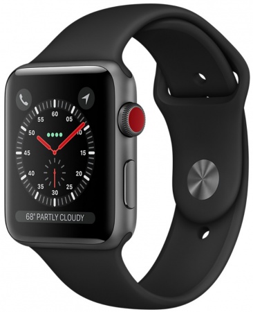 Apple Watch Series 3 Cellular 42мм, корпус из алюминия цвета «серый космос», спортивный ремешок чёрного цвета (MQK22, MQKN2)