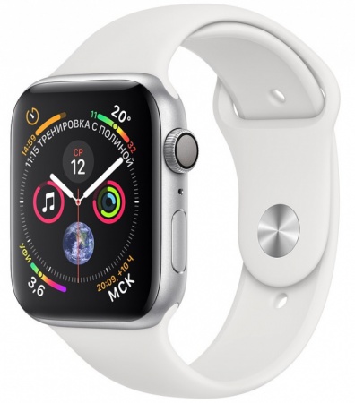 Умные часы Apple Watch Series 4, 40 мм, корпус из серебристого алюминия, спортивный ремешок белого цвета MU642