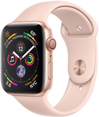 Умные часы Apple Watch Series 4 Cellular, 44 мм, корпус из золотистого алюминия, спортивный ремешок цвета «розовый песок» (золотистый) (MTV02) MTV02