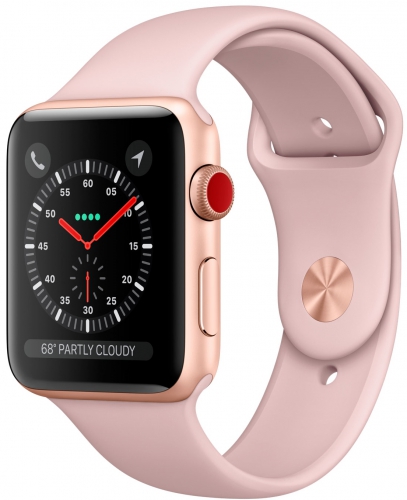 Apple Watch Series 3 Cellular 42мм, корпус из золотистого алюминия, спортивный ремешок цвета «розовый песок» (MQK32)