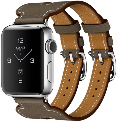 Apple Watch Series 2 Hermès, Корпус 38 мм из нержавеющей стали, ремешок Manchette из кожи Swift цвета Étoupe с двойной пряжкой (MNQ72)