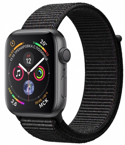 Умные часы Apple Watch Series 4, 40 мм, корпус из алюминия цвета «серый космос», спортивный браслет черного цвета MU672
